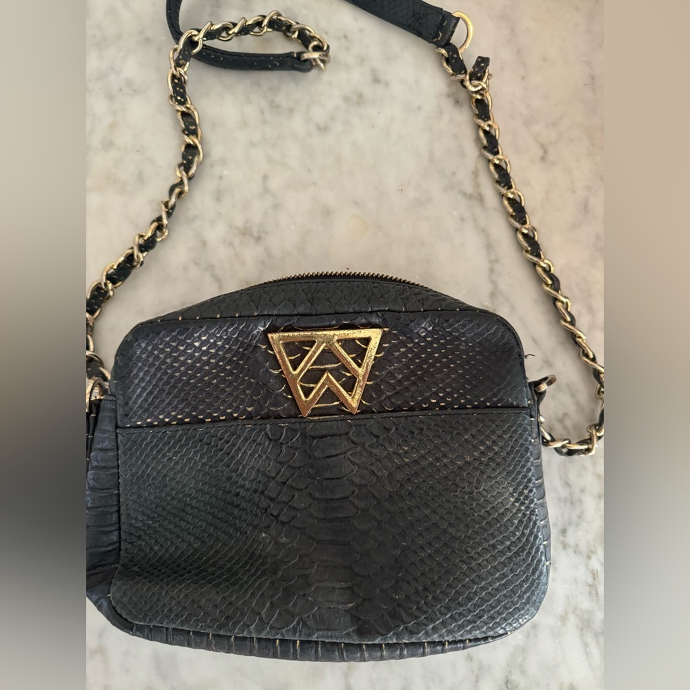 Black Faux-Snakeskin Crossbody Bag with Gold Hardware